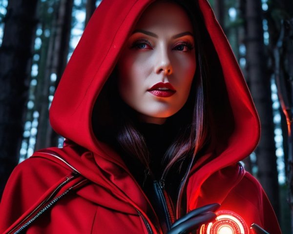 Woman in Red Cloak Holding Glowing Red Orb in Forest