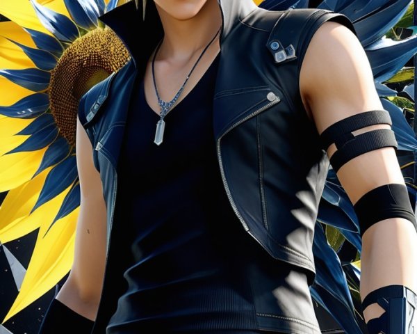 Stylized character with spiky hair in sunflower backdrop