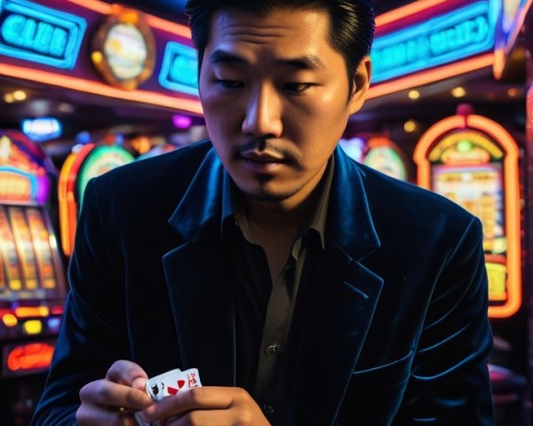 Young Man in Velvet Jacket at Neon Casino Table