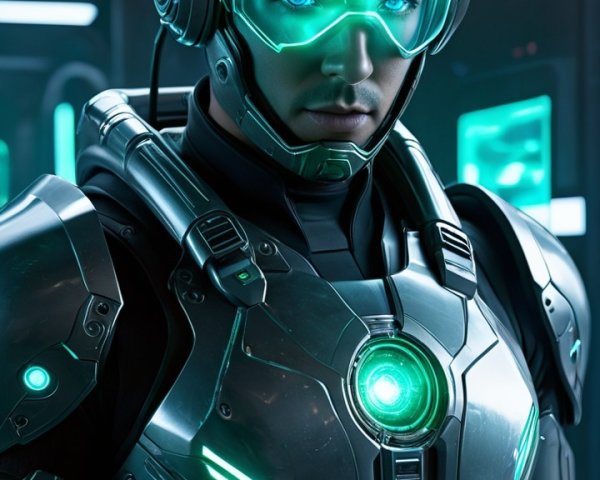 Futuristic Character in Metallic Armor with Neon Accents