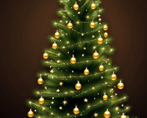 Realistic Tall Green Christmas Tree with Gold Decorations