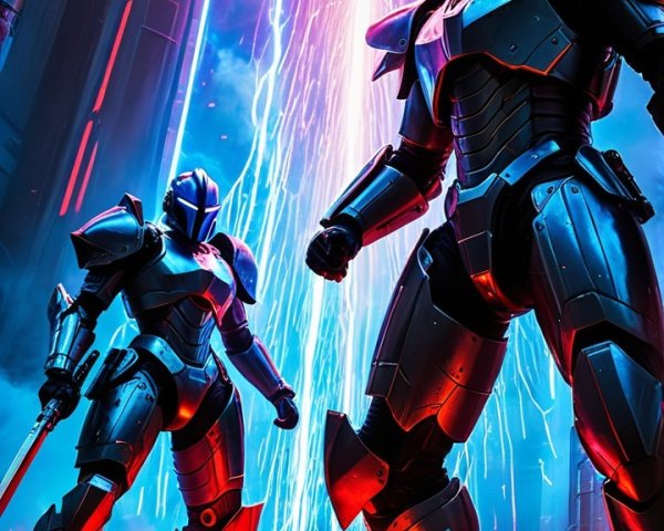 Futuristic Armored Warriors in Neon-Lit Setting