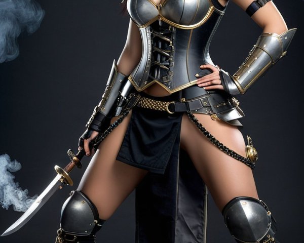 Warrior Woman in Dark Gray Background with Sword
