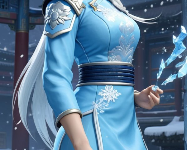 Female character in blue gown in snowy landscape