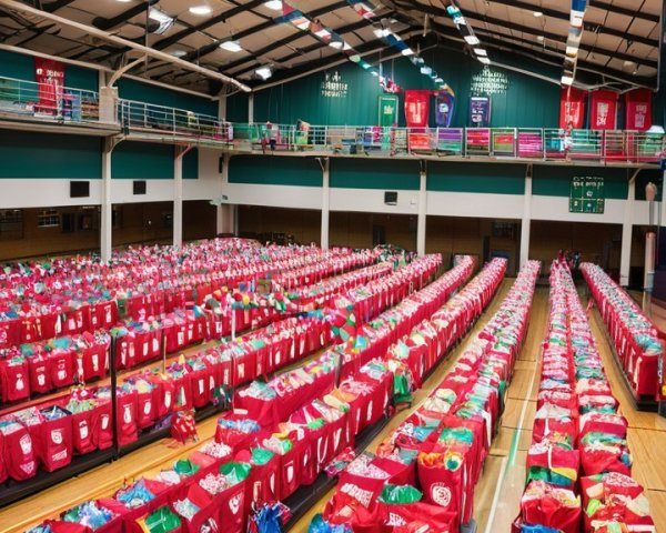 Indoor Facility with Rows of Colorful Bags and Banners