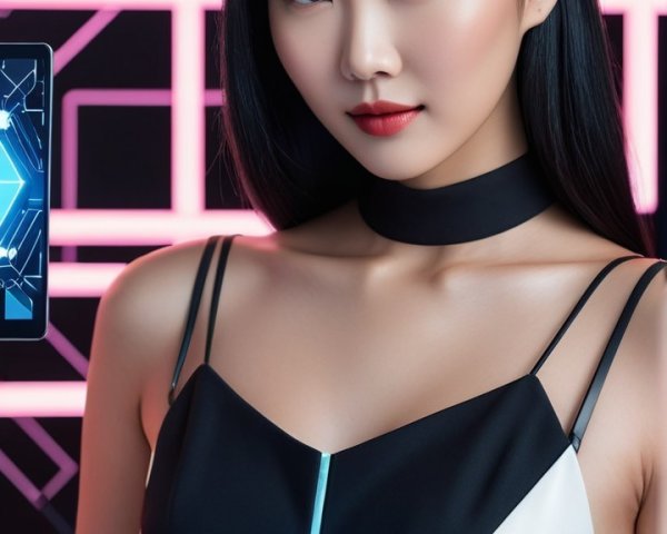 Young woman in stylish outfit against geometric backdrop