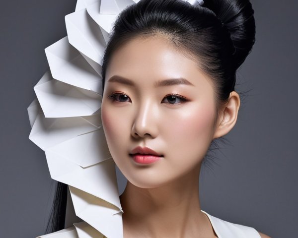Woman with bun hairstyle and paper fan accessory