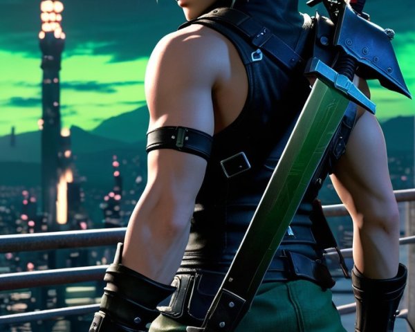 Muscular Character with Sword Overlooking City at Night