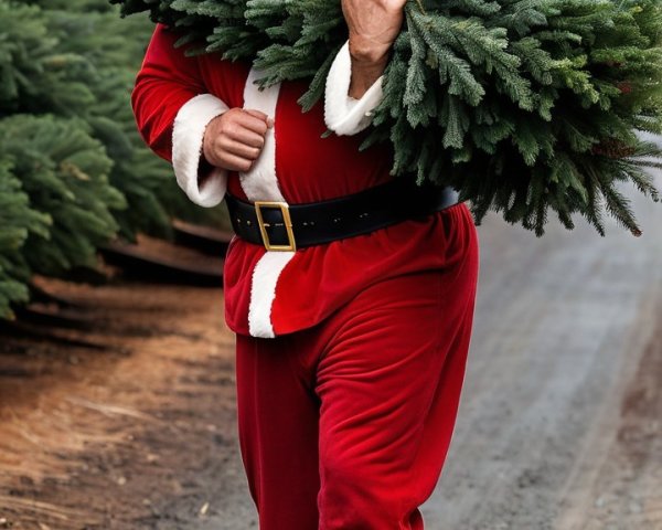Santa Claus with Christmas Tree at Pine Tree Farm
