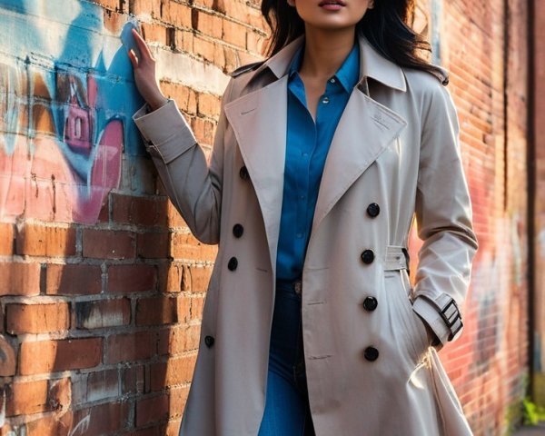 Confident Woman in Trench Coat Against Graffiti Wall