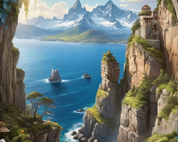 Cave View of Mountains and Tranquil Sea Landscape