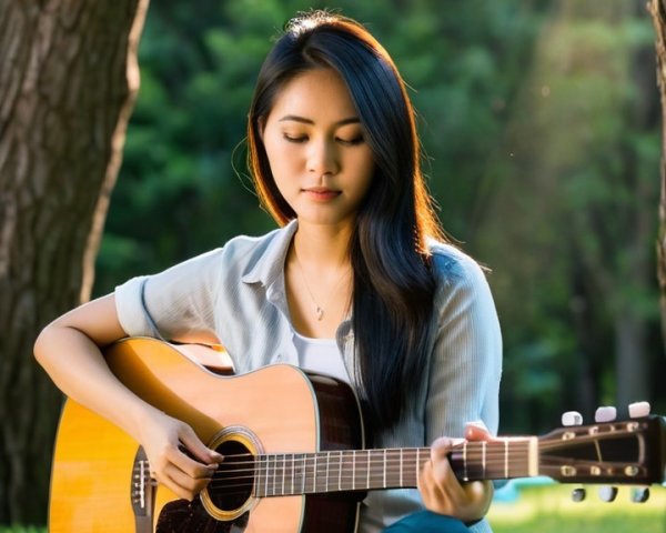 Young Woman Playing Guitar in Sunlit Park Setting