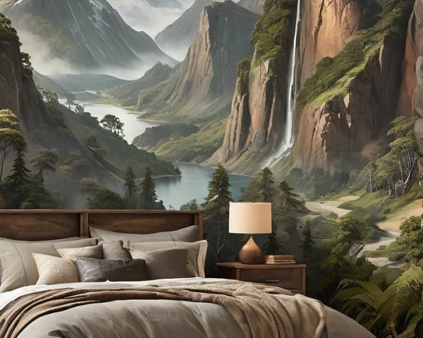 Serene Bedroom with Mountain Mural and Cozy Decor