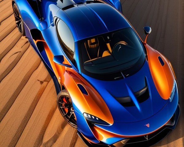 Sleek Supercar in Blue and Orange on Sand Dunes