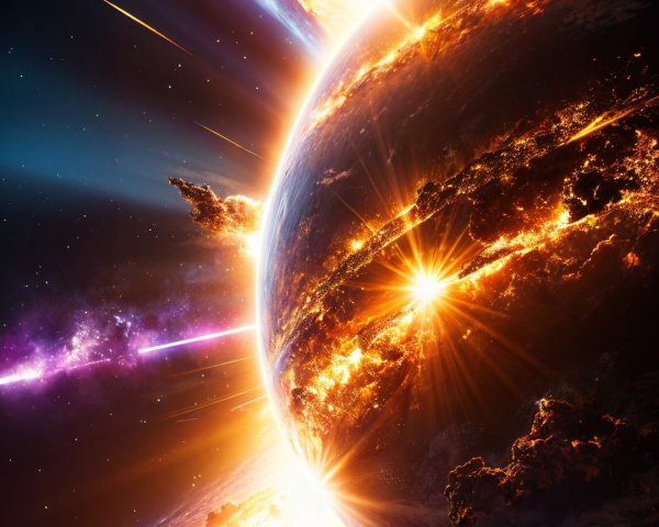 Distant Planet in Flames with Colorful Cosmic Background