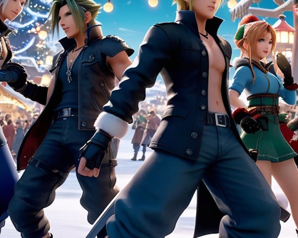 Vibrant Winter Scene with Iconic Characters and Lights