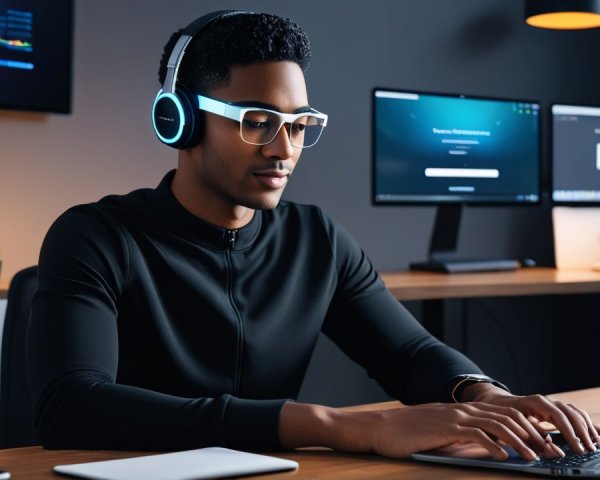 Young man at modern desk with multiple monitors