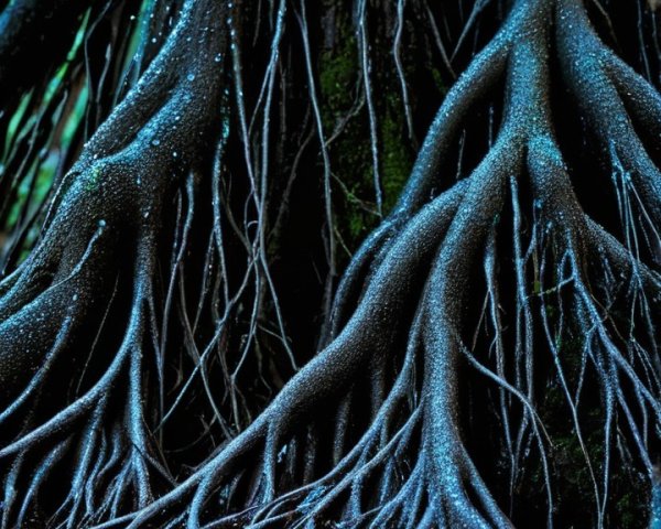 Close-Up of Intricate Tree Root System with Dew