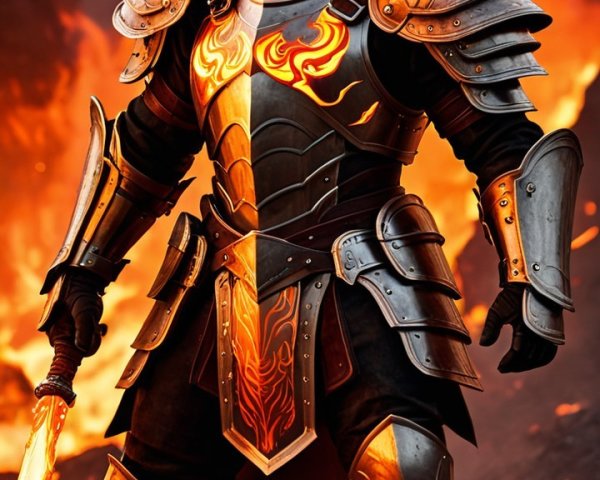 Fierce warrior in fiery armor amidst molten lava