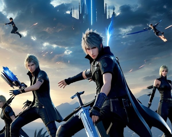 Stylized Warriors with Glowing Weapons in Futuristic Setting