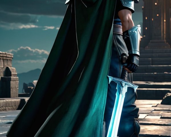 Heroic figure in armor with glowing sword in landscape