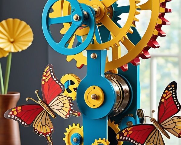 Colorful Mechanical Contraption with Butterflies and Gears