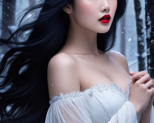 Woman in White Dress in Snowy Forest Setting