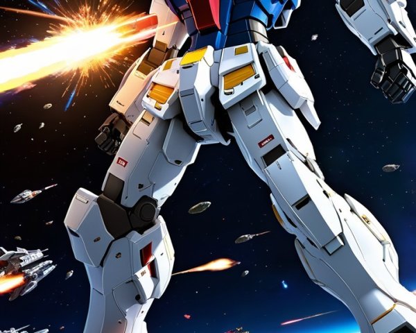 Colossal Mech in Space with Energy Blasts and Battle