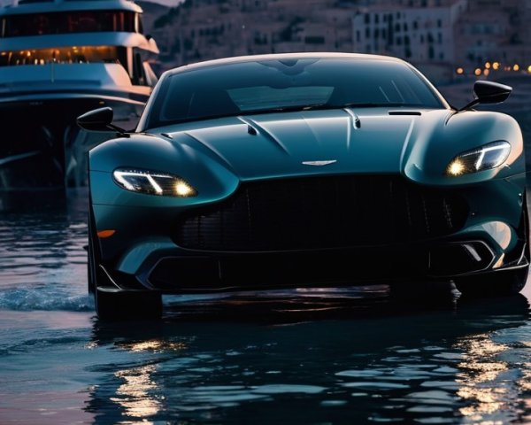 Dark Green Aston Martin on Water at Sunset