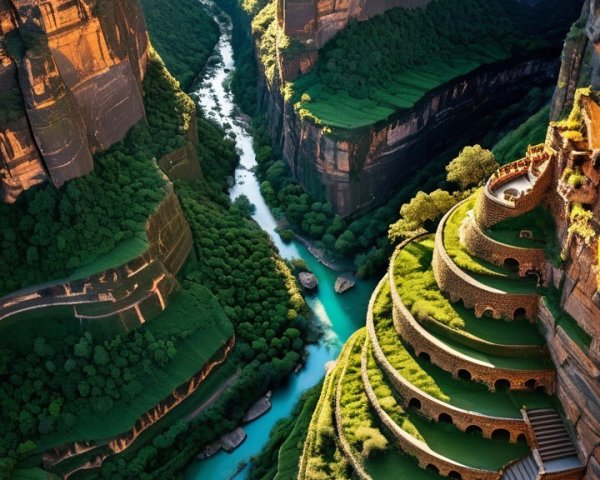 Aerial View of Lush Cliffs and Winding River Landscape