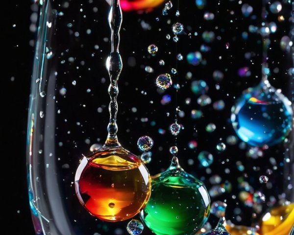 Close-up of Colorful Droplets in Glass with Water Flow