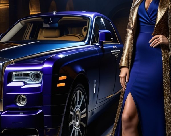 Glamorous Woman in Blue Gown by Luxury Rolls-Royce