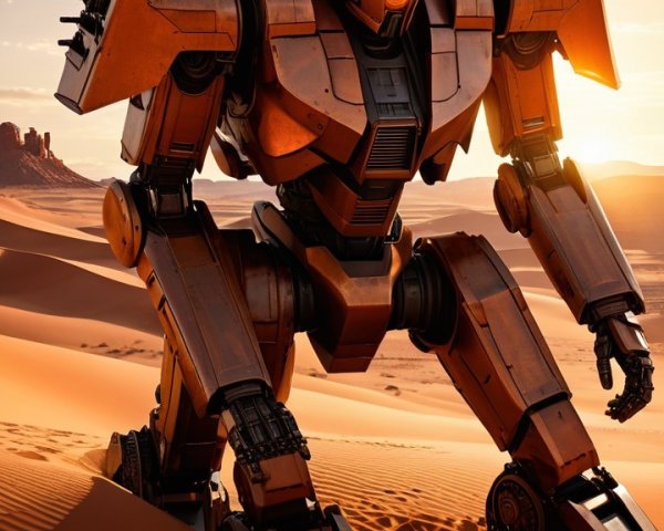 Robotic Figure in Desert Landscape at Sunset