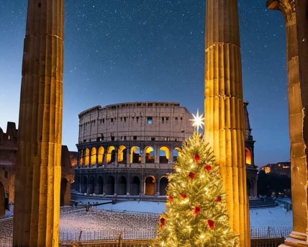 Christmas Tree and Colosseum in Snowy Night Scene