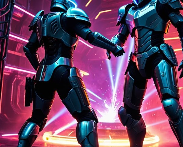 Futuristic Scene with Armored Figures and Neon Lights