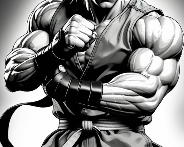 Muscular Martial Artist in Grayscale with Intense Stance