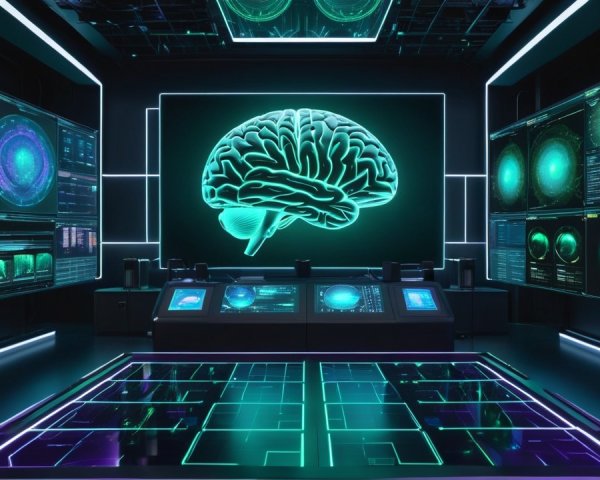 Futuristic Control Room with High-Tech Displays and Graphics