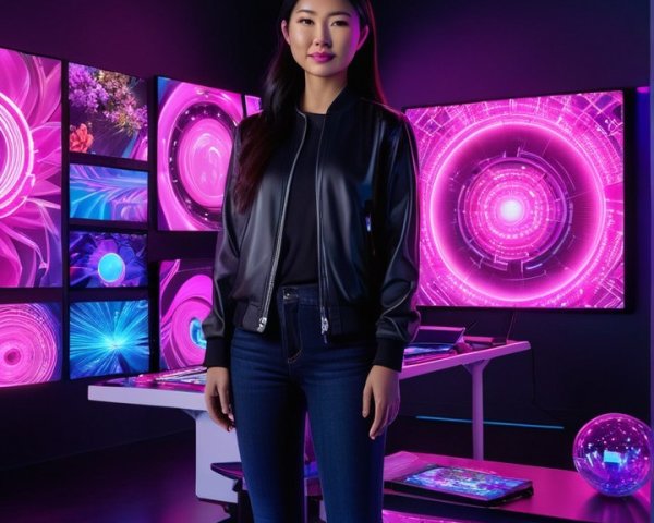 Young Woman in Futuristic Room with Colorful Screens