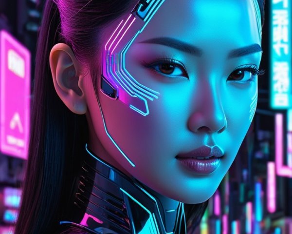 Futuristic Female Figure in Neon Cyberpunk Setting