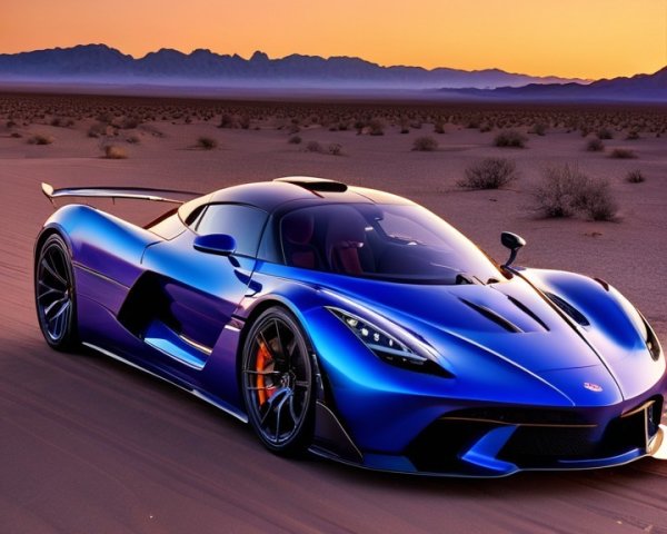 Futuristic hypercar in blue and purple sunset setting