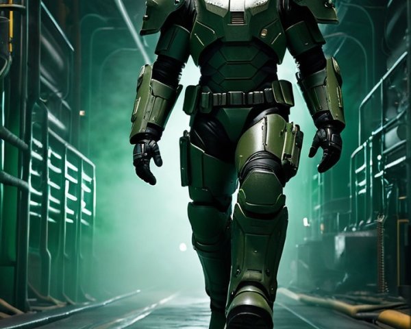Futuristic Soldier in Green Mech Suit in Sci-Fi Corridor