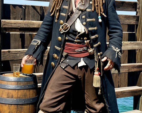 Captain Sparrow Look-Alike on Dock with Beer