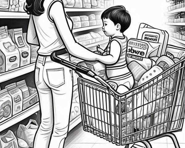Grocery Store Scene with Woman and Child in Cart