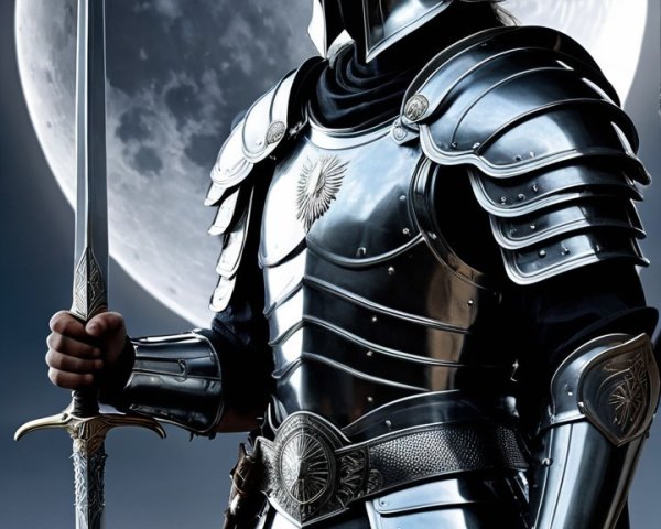 Warrior in Silver Armor Against Night Sky