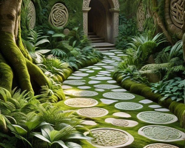 Serene Forest Pathway with Intricate Stone Walkway
