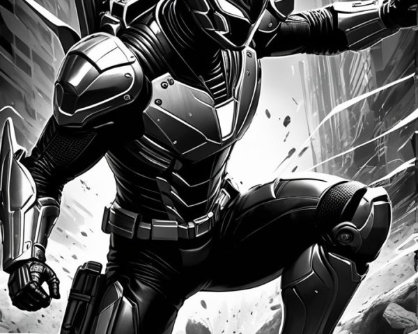 Armored superhero in dynamic cityscape pose