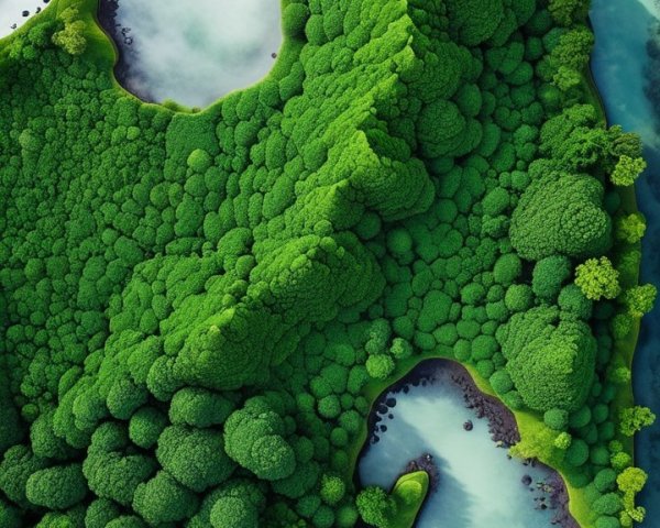 Aerial View of Lush Green Landscape and Blue Waters