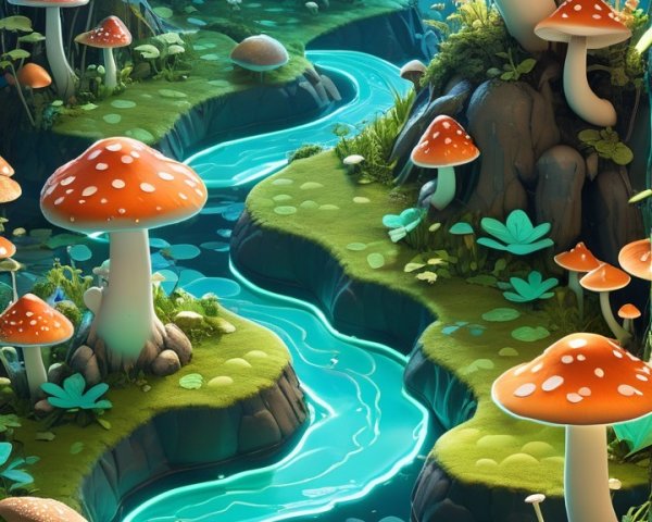 Enchanted forest with oversized mushrooms and glowing river