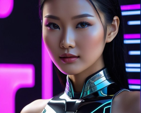 Futuristic Portrait of Young Woman in Neon Lights