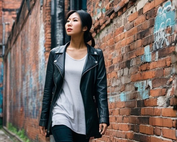 Young Woman in Alleyway with Graffiti and Brick Walls